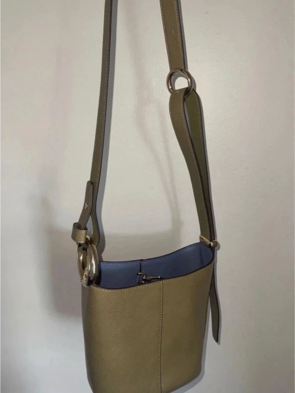 Kate Spade Olive Green Leather Bucket Bag with Blue Lining